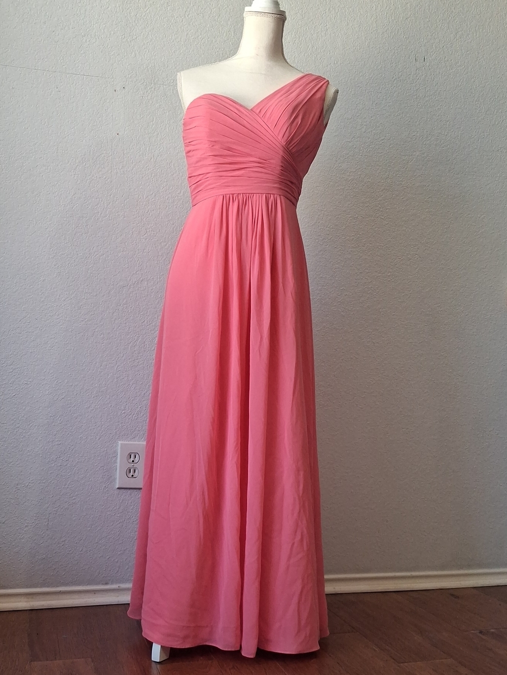 Bill Levkoff Coral Pink One-Shoulder Chiffon Dress
